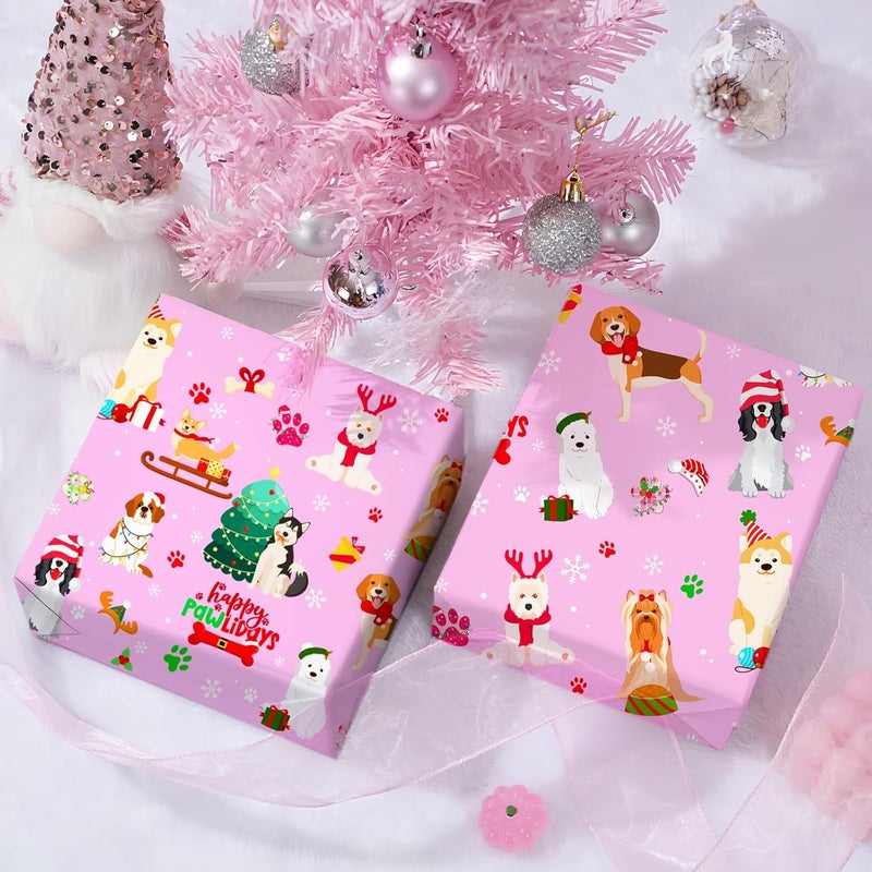 Cuitpan Pink Dog Christmas Wrapping Paper - Xmas Gift Wrap with Christmas Trees, Dog Breeds, Paw Prints & Snowflakes Design- Perfect for Kids & Adults Gift Wrapping - 40×28 Inches, 4 Folded Sheets - Image 4